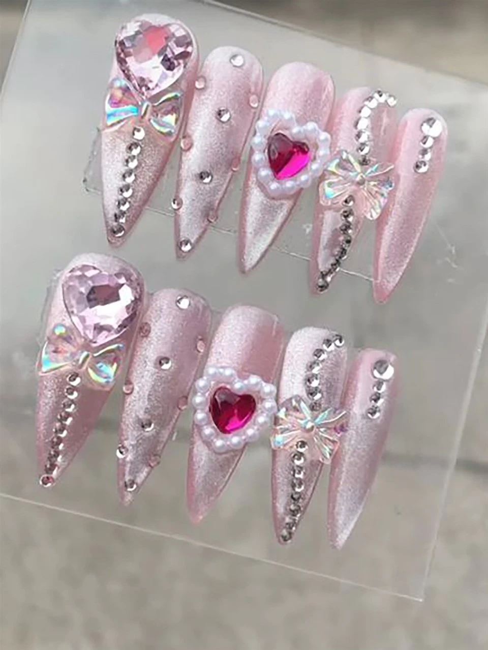 Long Stiletto Cat Eye Multi-Rhinestones Fake Nails